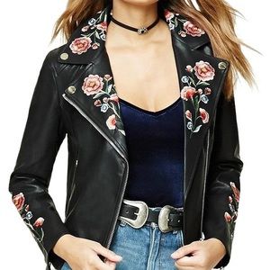 Embroidered Vegan Leather Moto Jacket